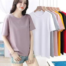 Aliexpress - Solid Color Short Sleeved T-shirt Female Summer 2021 nian New Style Loose, Simple and All-Matching Cotton Short Sleeve Fat mm