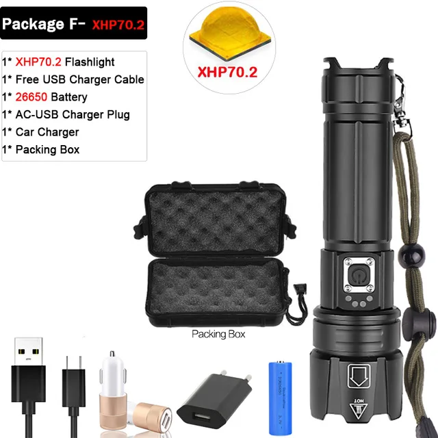 Package F Яркий Перезаряжаемый светодиодный светильник-вспышка XHP70.2, супер мощный фонарь, водонепроницаемый фонарь с зумом, охотничий светильник, 18650 или 26650 Battey - Испускаемый цвет: Package F