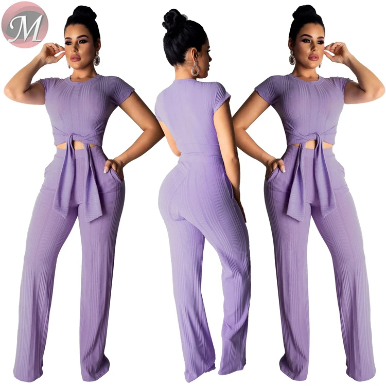 9040123 women fashion casual solid top and wide leg pants two piece set women clothing