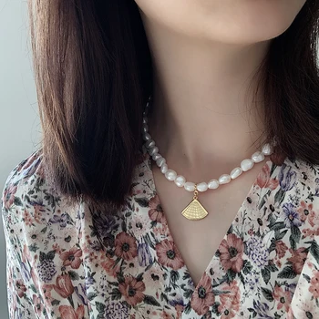 

GHIDBK 925 Sterling Silver Irregular Pearls Fan Pendant Necklaces Baroque Natural Freshwater Pearl Chokers Chic Charming Collars