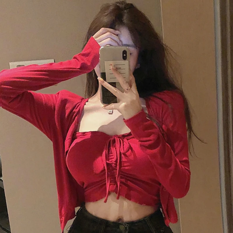 Y2kSexy топы на бретелях вязаный кардиган Модный женский осенний комплект из двух