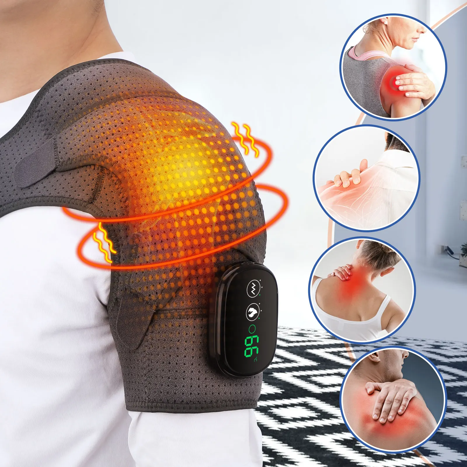 Heated Shoulder Wrap Vibration Wireless Electric Shoulder Heating Pad Massager 3 Vibration Temperature Settings LED Display