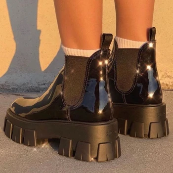 

High Quality Monolith Platform Shoes Women Black Ankle Boots Pocket Design Motorcycle Boots Slip On Thick Bottom Short Boots