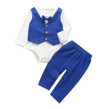 

Baby Set Stitching Color Long Sleeve Rompers Vest Pants Bow Tie Set Three Piece Set For Boys 2020