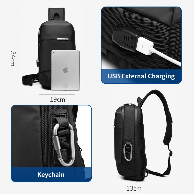 OZUKO Crossbody Bags for Men Fashion Messenger Sling Bag Male Waterproof Short Travel Chest Bag USB Single Shoulder Strap Pack
