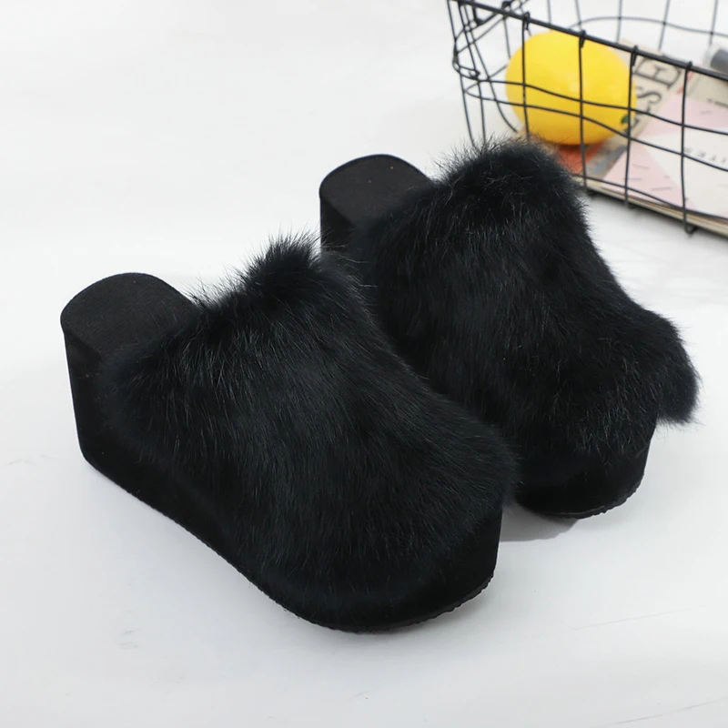 Hair slippers women's autumn plus-bottom high heel sloping outside wearing net red muffin wool fur slippers rabbit shoes - Цвет: Черный