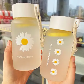 

500ml Small Daisy Transparent Plastic Water Bottle Without BPA Creative Frosted Water Bottle with Portable Rope Travel Teacup
