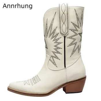 

White Genuine Leather Boots Women Sewing Star Western Boots Cozy Pointed Toe Slip On Mid Calf Booties Hot Sale Short Botas Mujer