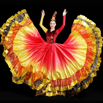 

Plus Size Spanish Flamenco Dress Women Sequins Lotus Leaf Skirt Gypsy Style Bullfight Big Swing Dress Performance Costume DL6095