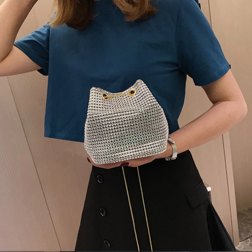 Fashion Evening Bag Women's Rhinestone Bucket Bag Crystal Clutches Shoulder Bucket Bag Shining Cross-body Hand Bag