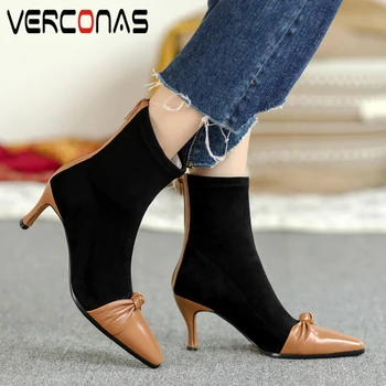 

VERCONAS Genuine Leather Fashion Concise Women Ankle Boots Autumn Winter New Butterfly-Knot Shoes Woman High Heels Zipper Boots
