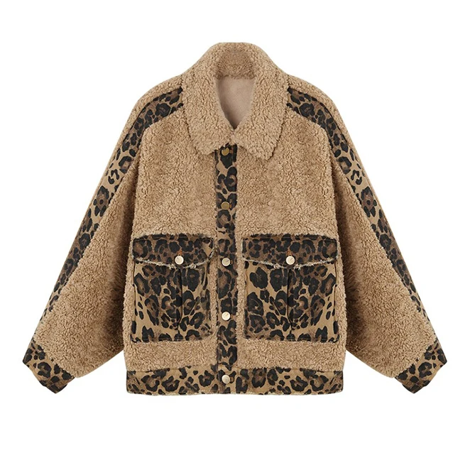 

Autumn lamb hair splicing leopard Denim Jacket Women's short loose winter jacket Button Down Long Sleeve Coat