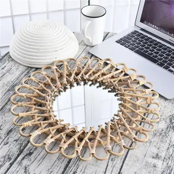 

Newly Hanging Mirror Rattan Sunflower Circular Wall Mirror Art Ornament Home Decor for Apartment Living Room Bedroom