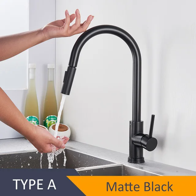 Touch Kitchen Faucet Senducs Pull Down Brushed Sensor Kitchen Mixer Tap Quality 304 Stainless Steel Touch Kitchen Sink Faucets - Color: 1270-A-black-touch