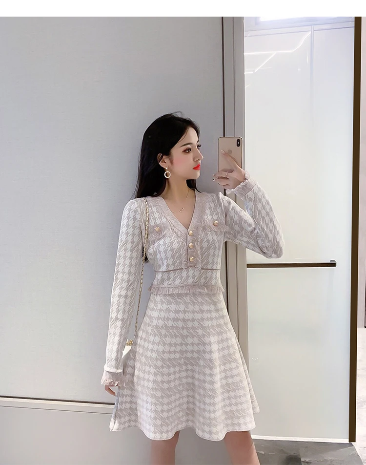 apricot autumn winter new wave autumn dress small fragrance houndstooth waist waist long sleeve knit dress - Цвет: apricot