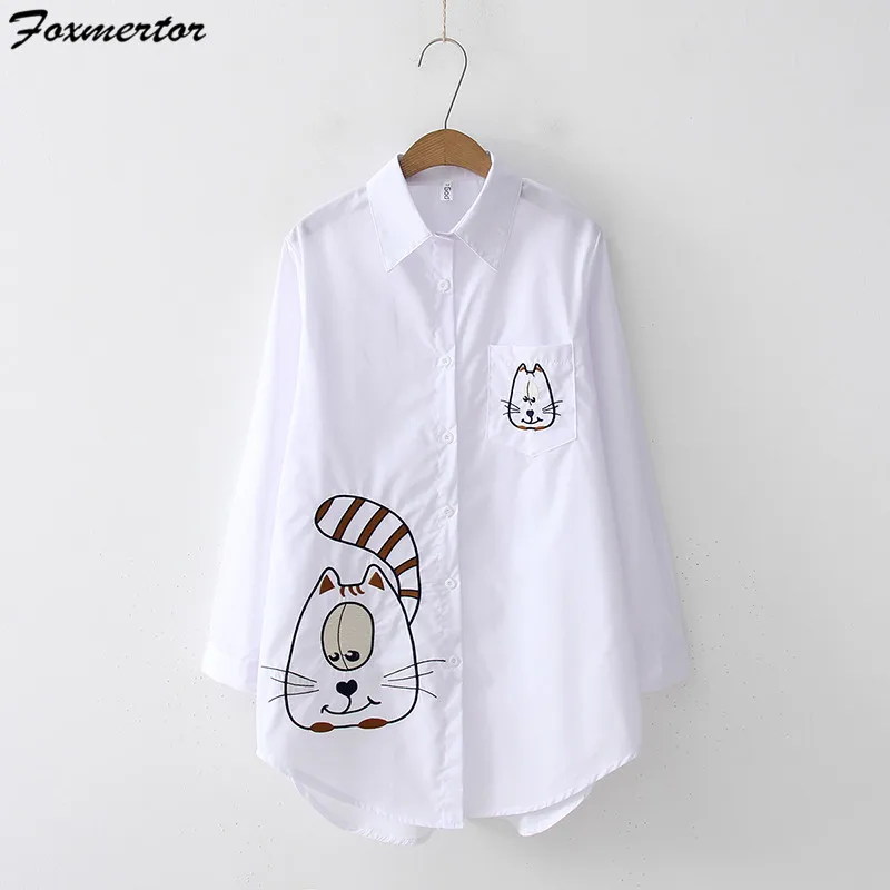 Cute Cartoon Embroidered White Shirt Autumn Women Blouse Embroidered Women Blouses Tops Loose Long Sleeve Shirt Blusas