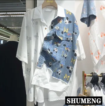 

Streetwear Summer Cartoon Letter Hot Drill Shirt Women Short Sleeve 2020 Ulzzang Denim Stitched Loose Oversize Blouse Female Top