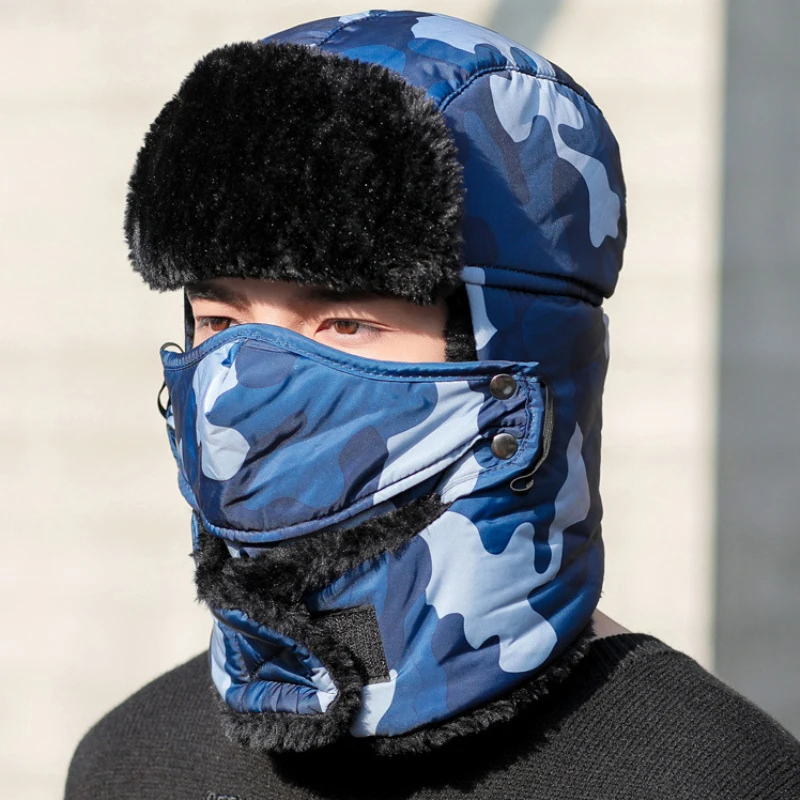 HT2783 Русская Шапка, толстая теплая маска, теплая зимняя шапка для мужчин и женщин, камуфляжная Русская Шапка, черная меховая шапка-ушанка, шапка-бомбер - Цвет: Синий