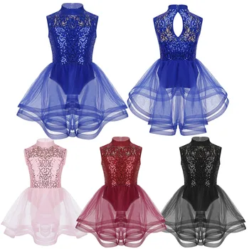 

Kids Shiny Sequins Mesh Tutu Ballet Figure Skating Dress Girls Gymnastics Leotard Child Performance Competition Dance Costume