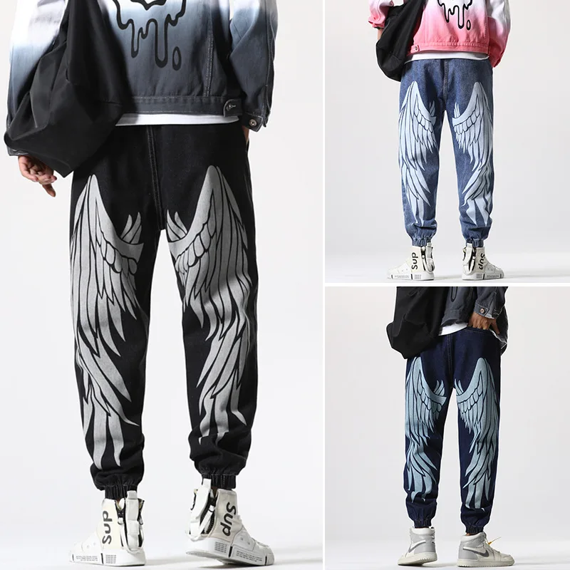 Retro Men's Jeans Loose Wing Print Harem Pants Japanese Streetwear Hip Hop Straight Pants Harajuku Men's Casual Jeans New 5XL 1
