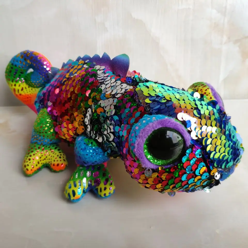 23CM Ty Big Eyes Reversible Soft Stuffed Sequins Chameleon Lizard Cute Animal Doll Plush Toy Christmas Birthday Gift Kids