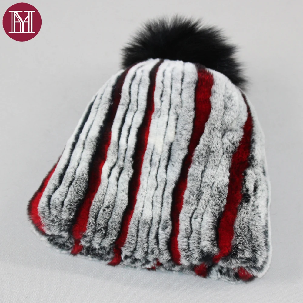 

Lady Real Rex Rabbit Fur Hat With Fox Fur Pompoms Women Thicken Female Fur Caps Winter Knitted Real Rabbit Fur Beanies Hats
