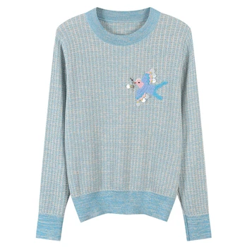 

Runway Bird Embroidery Knit Sweater Pullovers Women Autumn Sequins Beading Long Sleeve Sweater Jumper Cute Lurex Top Pull Femme