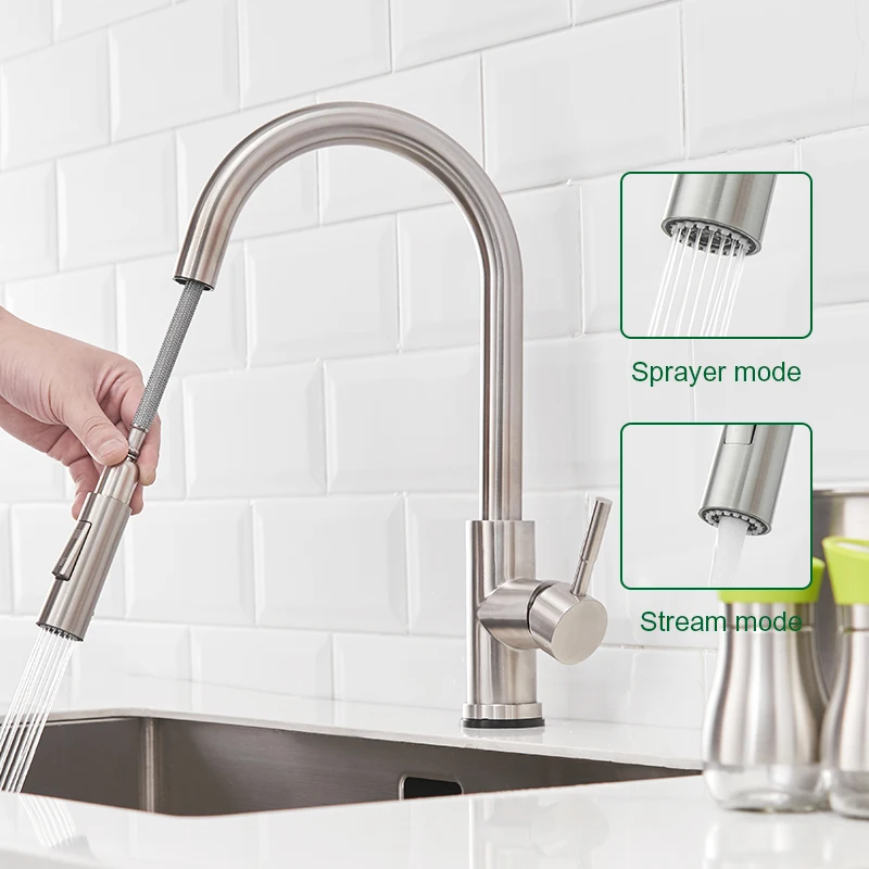 Touch Kitchen Faucet Senducs Pull Down Brushed Sensor Kitchen Mixer Tap Quality 304 Stainless Steel Touch Kitchen Sink Faucets