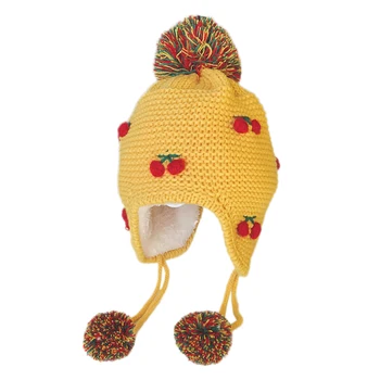 

Winter Baby Caps Girls Boys Hats With Plush Ball Design Toddler Cherry Print Casual Thicken Cap New 6Colors