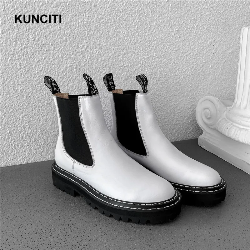KUNCITI/ г.; белые растягивающиеся сапоги; Женская эластичная обувь из натуральной кожи; женские полусапожки без застежки; Европейская мода; онлайн; D9169