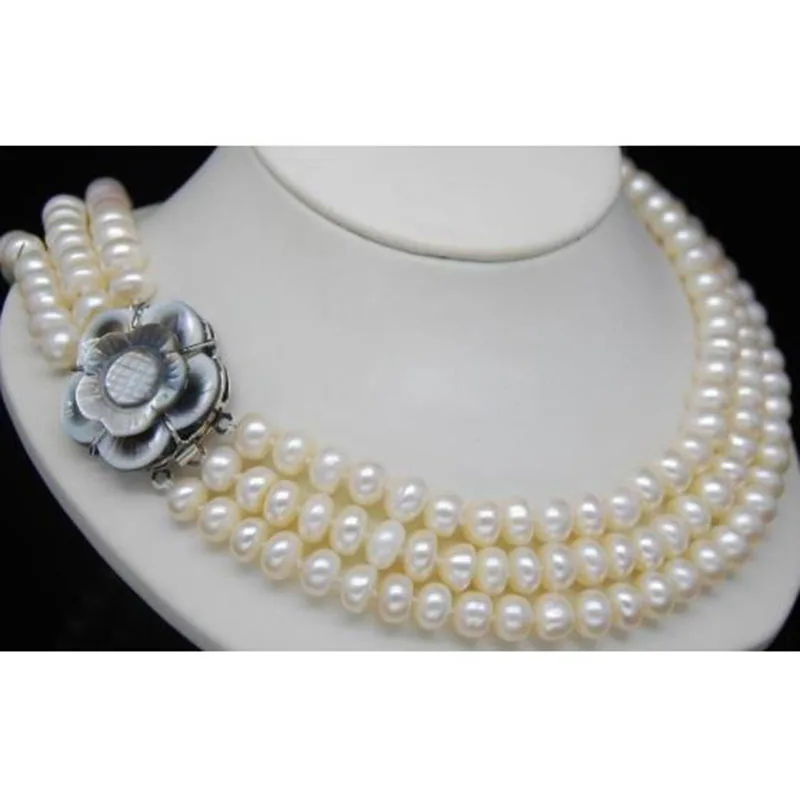 

100% Selling Picture full Third Strand 8-9MM AAA+ Oblate Pearl Necklace(18" 19" 20") flower clasp jj