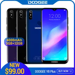 DOOGEE Y8 Plus Android 9,0 FDD LTE 6,21 дюймов 19:9 в виде капли воды, Экран смартфон MTK6761, 3 Гб оперативной памяти, Оперативная память 32GB Встроенная память 4000 Max