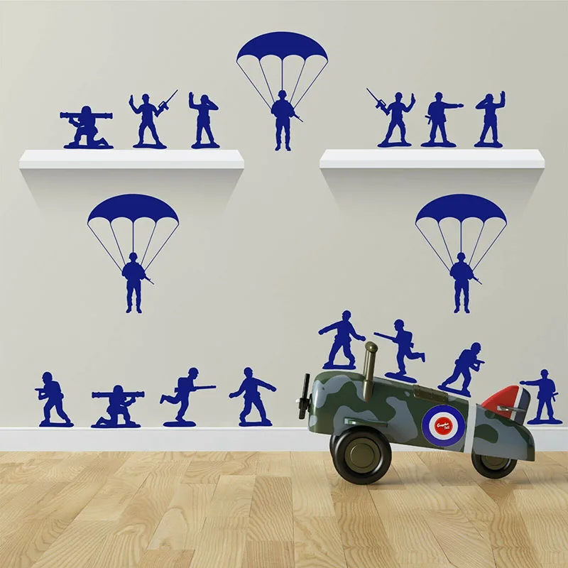 17Pcs Cartoon Army Men Paratroopers Soliders Wall Sticker Baby Nursery Kids Room Military Soliders Army Men Wall Decal Playroom