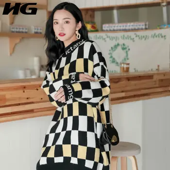 

HG Contrast Color Plaid Sweater Korean Style Pullover Women Letter Embroidery Knitwear Lazy Oaf Winter Clothes Women XJ2332