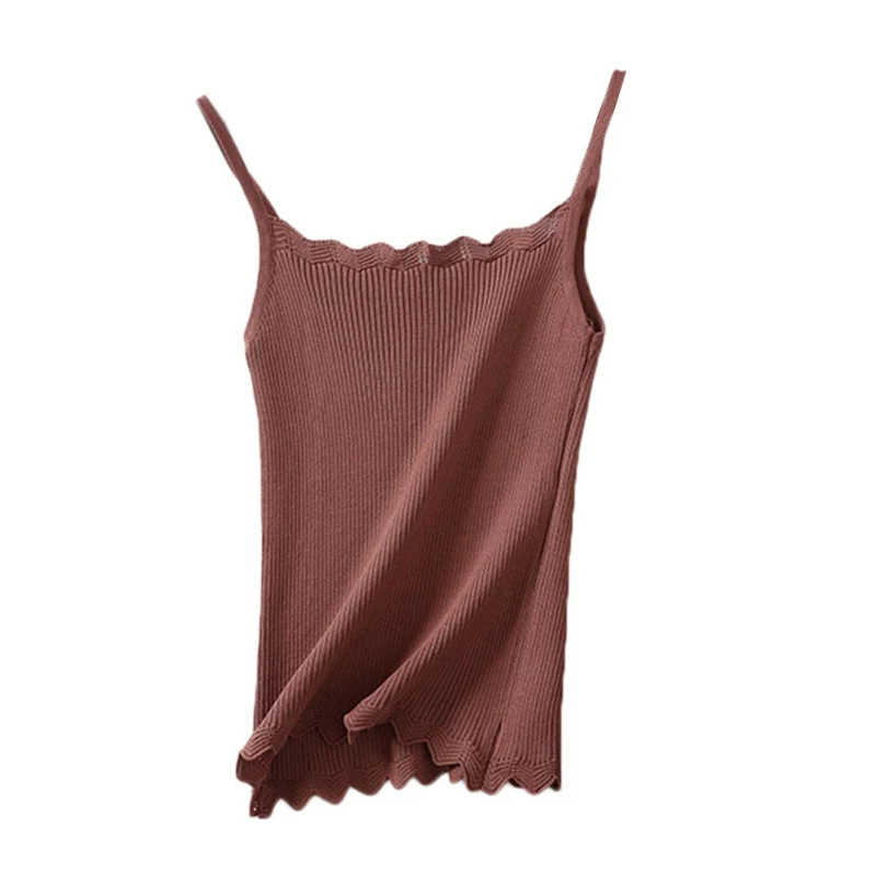 Red wine Дикий простой тонкий волнистый воротник Camis женские летние без рукавов сплошной цвет вязать выдалбливают камзол - Цвет: Red wine