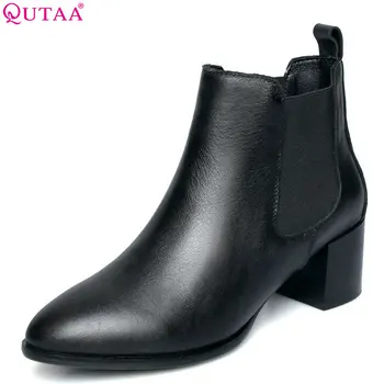 

QUTAA 2019 Women Ankle Boots Cow Leather+ Pu Leather All Match Square High Heel Pointed Toe Elastic Band Women Boots Size 34-39