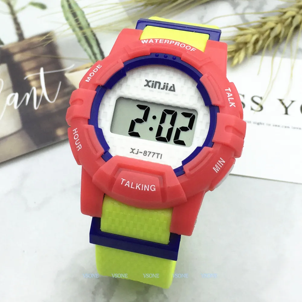 Talking-Wrist-Watch Ruber-Strap Electronic Sports-Watches Yellow with Spanish Alarm 8-877TS