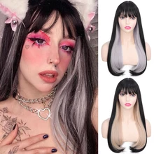 

AILIADE Long Straight Lolita Wigs with Bangs Synthetic Wigs For Women Black Pink Blue Gray Party Cosplay False Hair