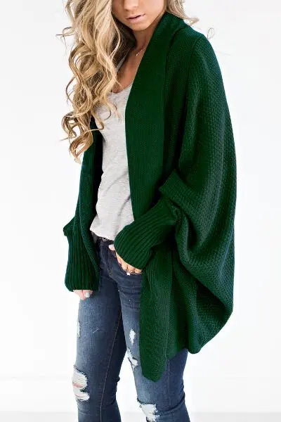Autumn Winter Sweater Women Fashion Long Sleeve Knit Batwing Sleeve Cardigan Ladies V Neck Solid Casual Long Coat Femme Clothing - Цвет: Green