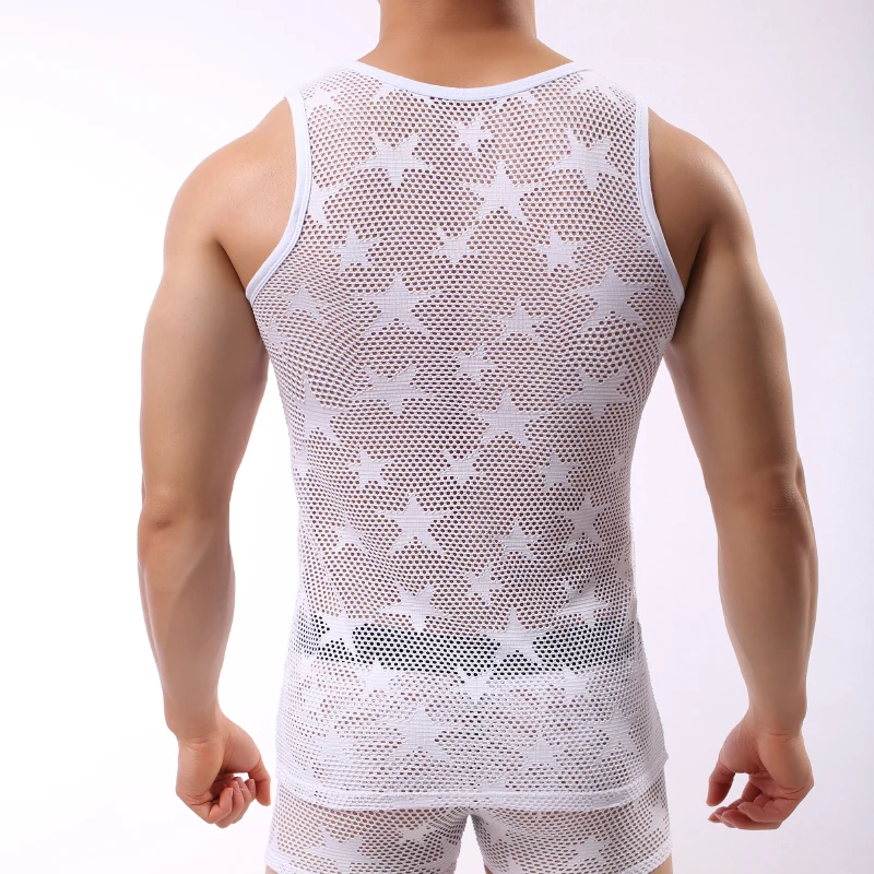 AIIOU Мужская Прозрачная майка Легкая сетчатая рубашка со звездами тонкая дышащая