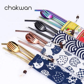 

Chakwan Stainless Steel Fork Spoon Dinnerware Set with Reusable Metal Straws Cocktail for Bar Accessories Travel Cutlery Set