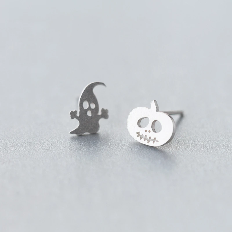 

Solid 925 Sterling Silver Halloween Pumpkin Ghost Asymmetric Piercing Stud Earrings For Women Girls Kids Jewelry Festival Gift