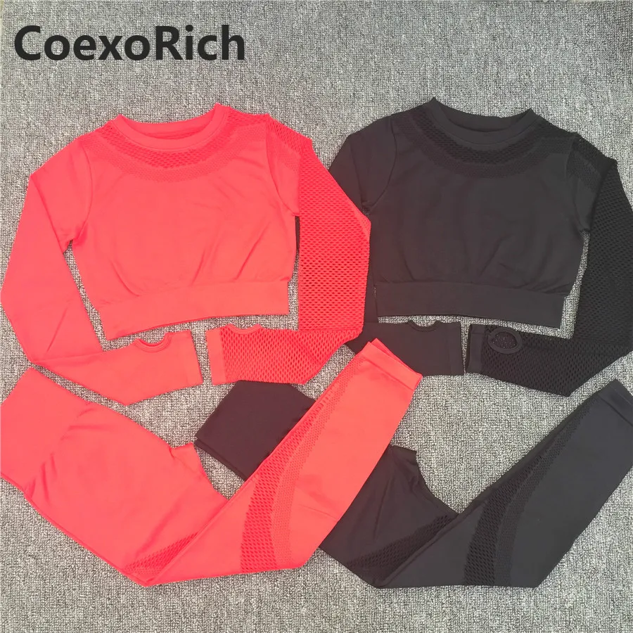 Yoga Set Women Sport Suit Gym Clothes 2 Piece Seamless Hollow Out Fitness Long Sleeve Crop Top High Waist Workout Leggings