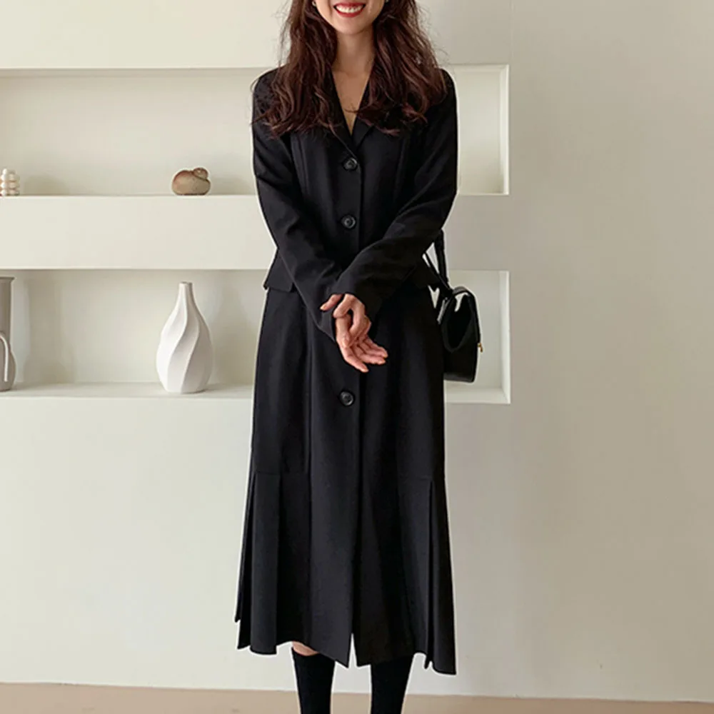 

Korean Office Ladies Shirt Dress Women Spring Autumn Long Sleeve Solid Black Mid Calf Pleated Long Dresses Elegant Preppy Style
