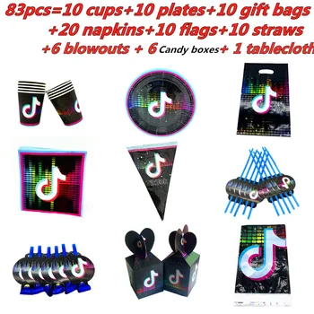 

83pcs Tik Party Tok Plates Tablecloth Baby Shower Birthday Party Decoration Supplies Flags Cups Napkin Disposable Tableware Set