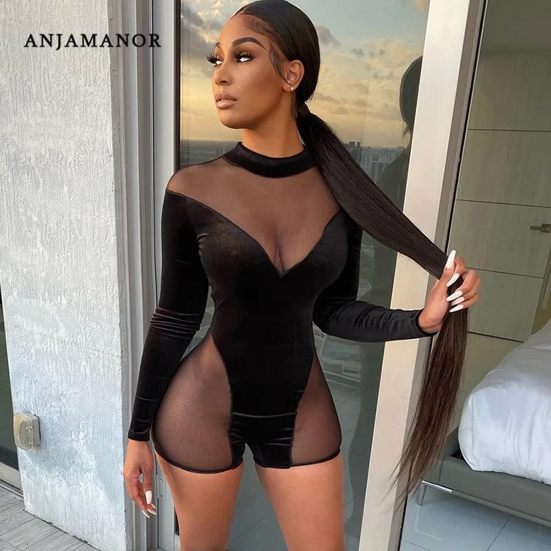 ANJAMANOR-mono Sexy de terciopelo de malla negra para mujer, monos de manga larga para mujer, monos de sport para salir a la D87-CZ22 del Club
