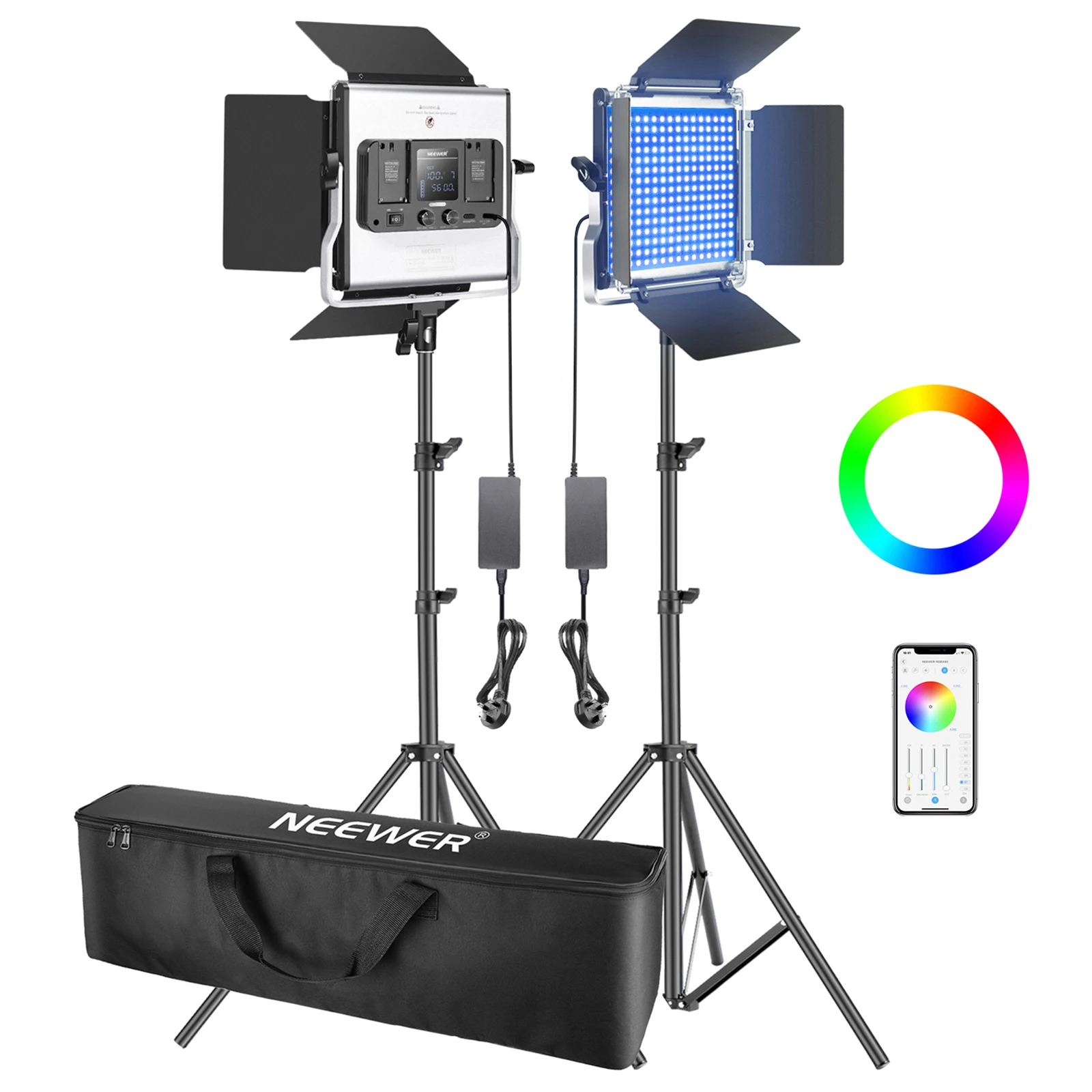 

Neewer 2 Packs 530 RGB Led Light with APP Control, Photography Video Lighting Kit with Stands and Bag, 528 SMD LEDs and etc