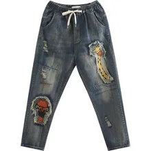 Омикрон Для женщин с вышивкой с героями мультфильмов; шаровары на завязке Модные женские ботинки черного цвета; Винтаж Свободный Повседневный хлопковый джинсы брюки