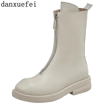 

Women's genuine leather front zip platform flats ankle boots round toe autumn comfortable short booties high quality shoes women