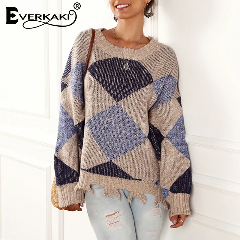 Everkaki Boho вязаный свитер пуловеры для женщин зимние свободные размера плюс